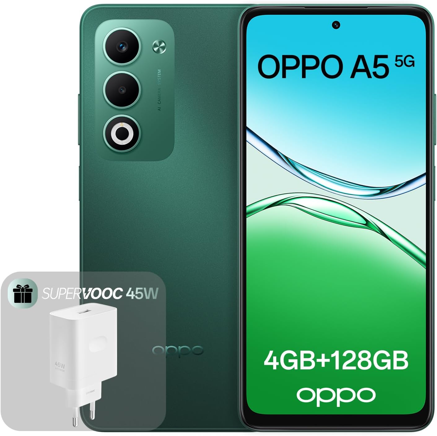 OPPO A5 5G 4GB+128GB, Simlockfreies Smartphone mit KI, 6,67-Zoll 120Hz-Display, 50MP-AF-Kamera, 6000mAh-Akku, IP65-Schutz gegen Wasser und Staub, Aurora Green (enthält 45-W-SUPERVOOC-Ladegerät)