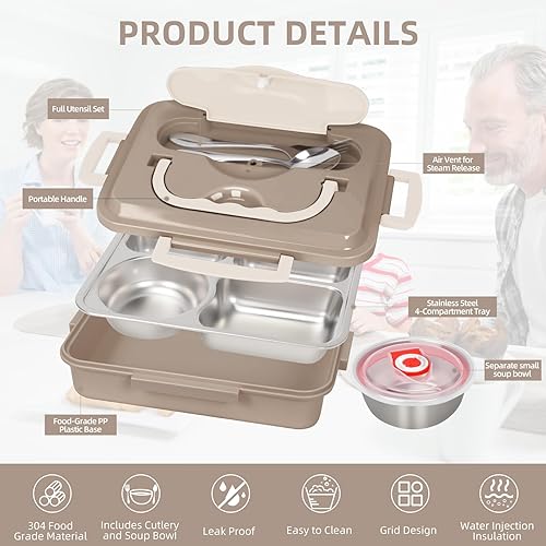 Miniatura 3 de AGNDTXR - Lonchera aislada de acero inoxidable 304, sellada a prueba de fugas, hombres y mujeres adultos son aplicables, cuatro compartimentos,