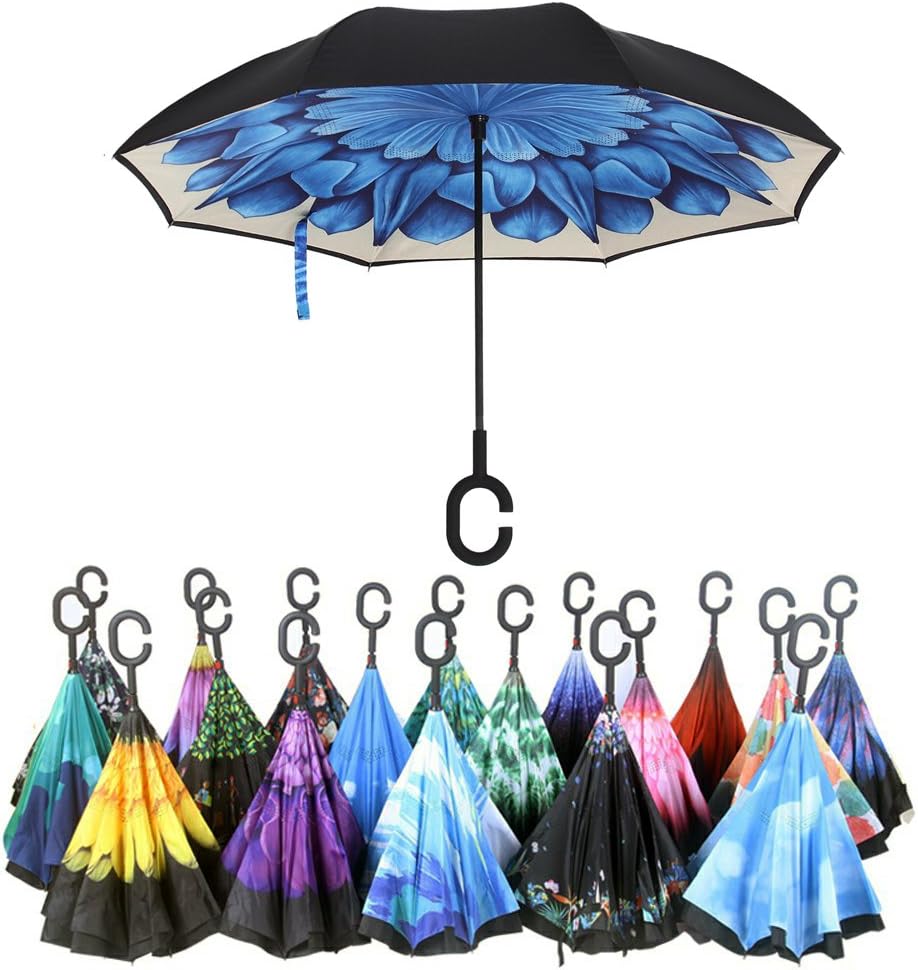 Double Layer Wind Proof,UV Proof Reverse Folding Inverted Umbrella Travel Umbrella with C Shape Handle and…