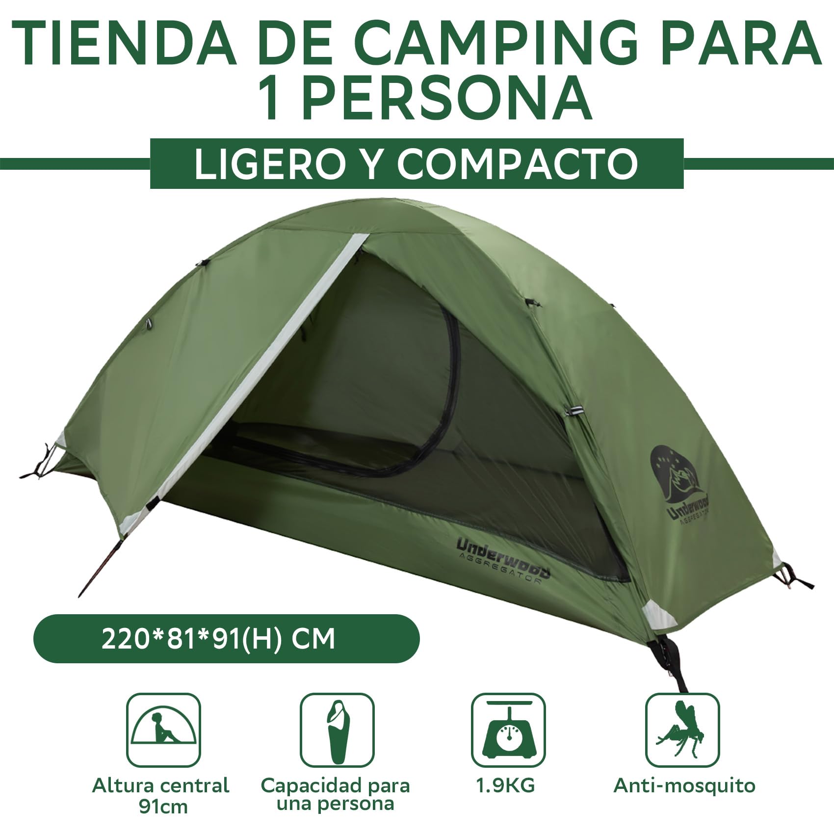 Tienda de campaña para Senderismo para 1/2 Hombre - una Tienda de campaña Ligera e Impermeable para un Hombre para Acampar, una Tienda de campaña Tipo Domo compacta para 1 Persona
