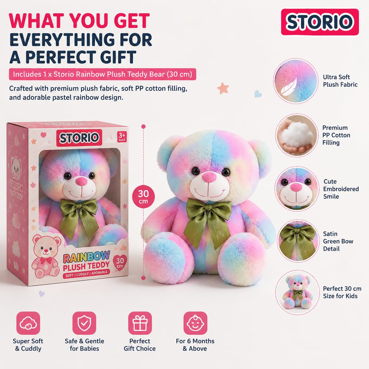 Storio Rainbow Plush Teddy Bear 30 cm – Soft Stuffed Animal Toy with Pastel Fur & Green Bow – Cute Cuddly Gift for Kids, Babies, Girls & Boys 1