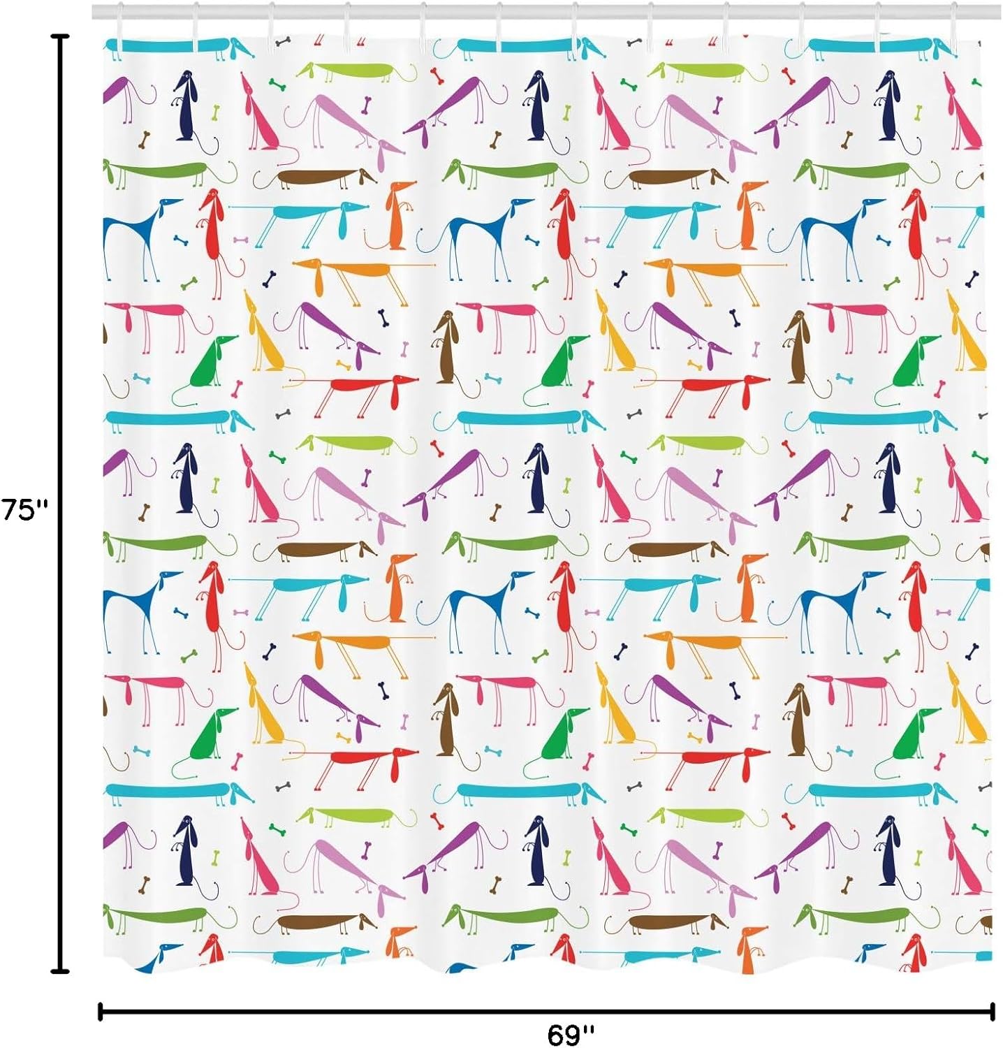 Ambesonne Dog Lover Shower Curtain, Dachshund Cartoon Doodles with Various Stances Pointing Smelling Running Standing, Cloth Fabric Bathroom Decor Set with Hooks, 69" W x 75" L, White Multicolor