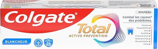 COLGATE - Total Prévention Dentifrice 24h Active Blancheur Naturelle - Aide à prévenir les problèmes bucco-dentaires - Réduit les taches de surface - 3x75ml - 2