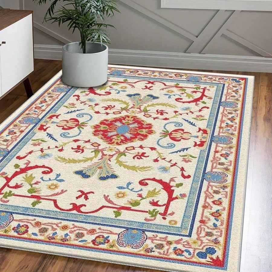 Tapis toutes saisons rouge à motif fleuri bohème pour salon et chambre