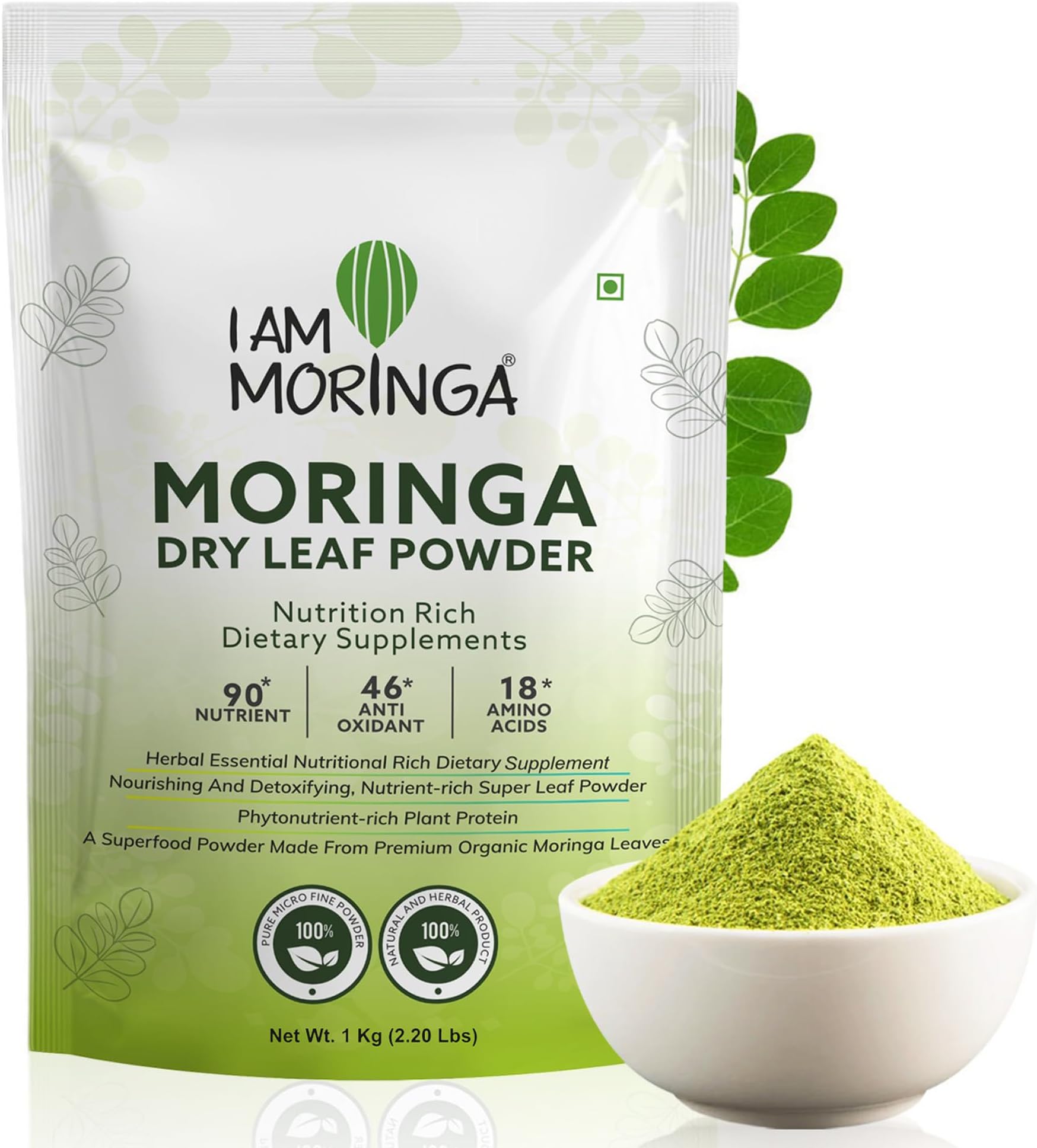 Moringa Powder 1kg 100% Natural Drumstick Leaf Powder Good for Skin, Hair Healthy Plant based Protein Powder with No Chemicals and Preservatives