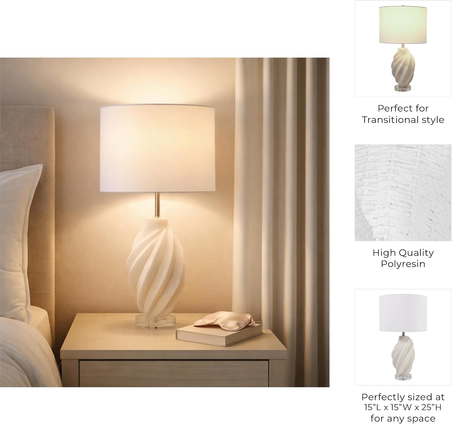 Decorative Sculptural Resin Table Lamp for Home Decor - Elegant Accent Lamp for Small Spaces, Nightstand, or Bedside Decor - Stylish Table Lamp for Bedroom, Office, or Living Room Decor - 25", Ivory