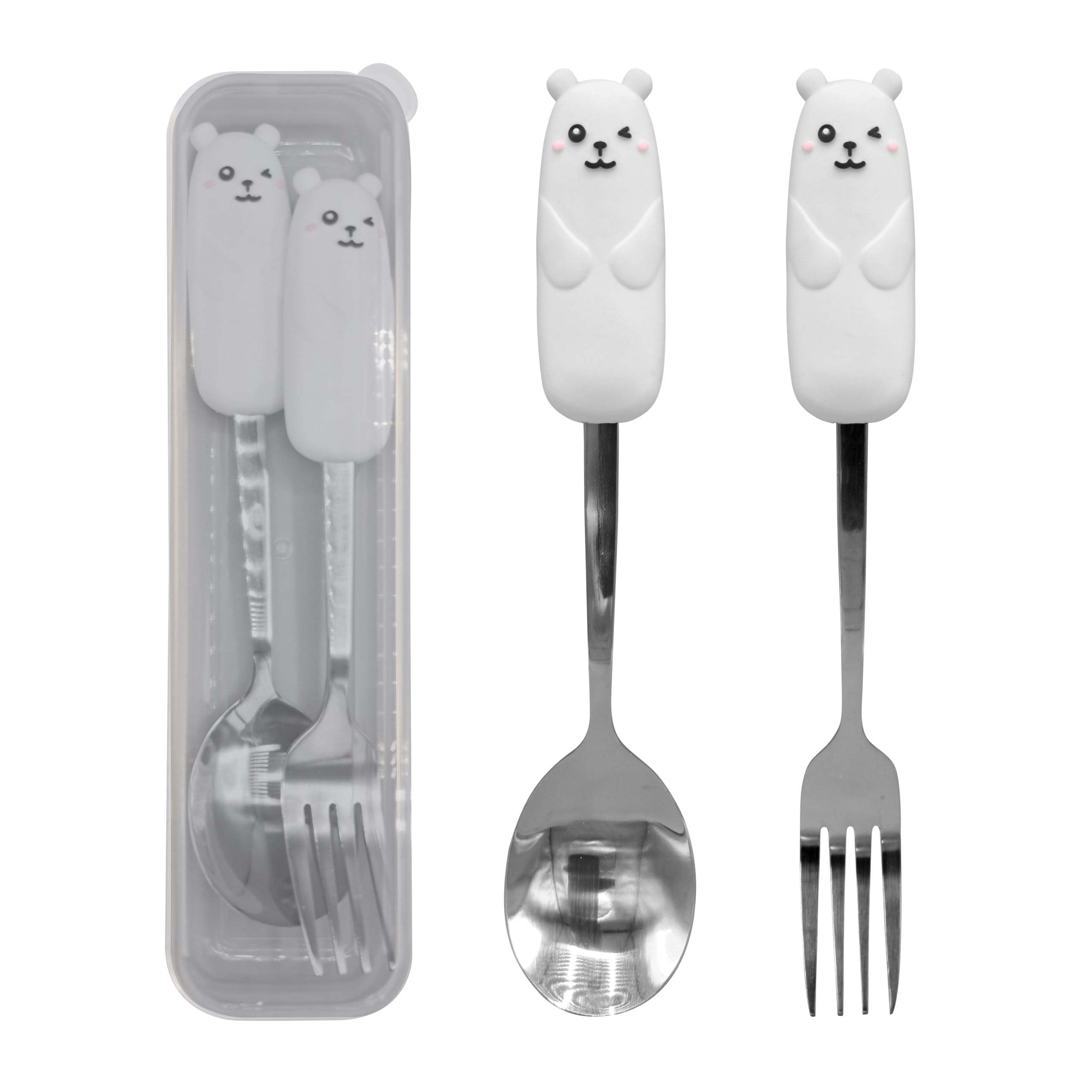Friends Cute Animal Utensil Set, Stainless Steel Kids Spoon and Fork with Panda, Frog, Bear Handles, 2-Piece Flatware Set for Children (Standard, Polar Bear)-image-17