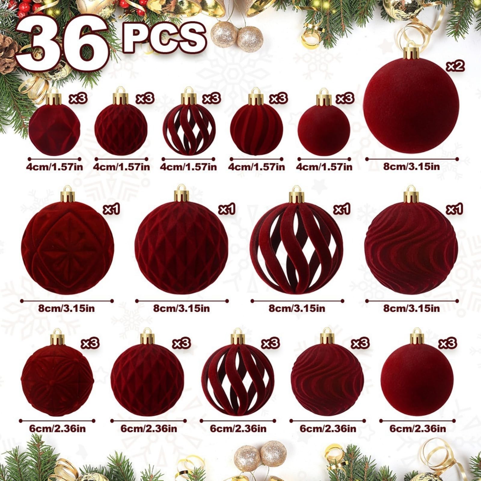 Samt Weihnachtskugeln Ornamente Set, 36 Stück, Zerstörungssicher | Weihnachtsbaumdeko, Urlaubsdekoration, Heimdekoration, Bruchsicher, 36-teiliges Set