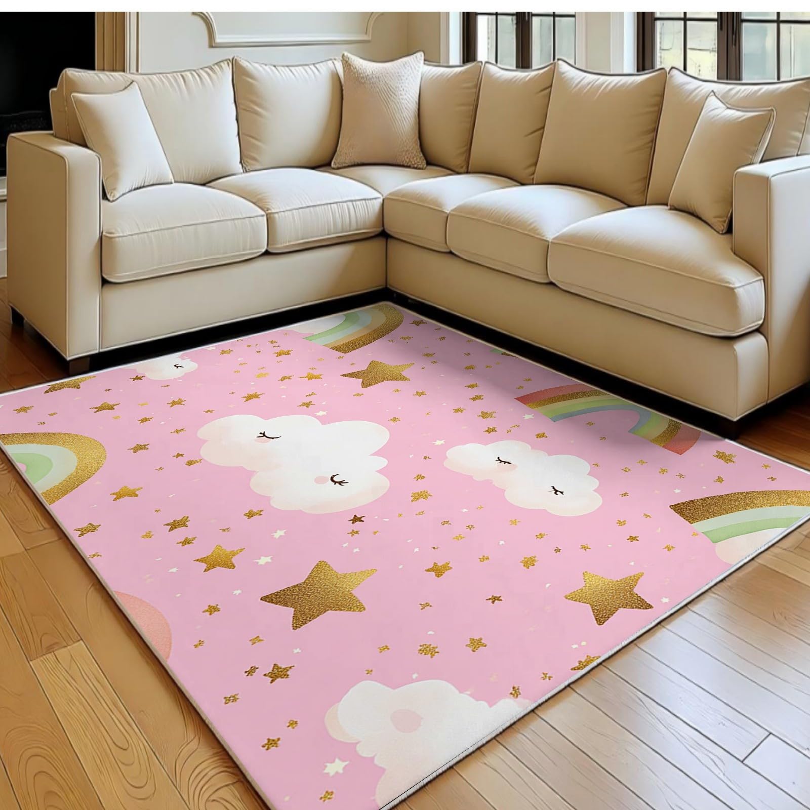 Großer Teppich 120x180 cm Sterne und Wolken Kurzflor Teppich Waschbar Kurzflor rutschfest Rosa für Kinderzimmer Esszimmer und Büro
