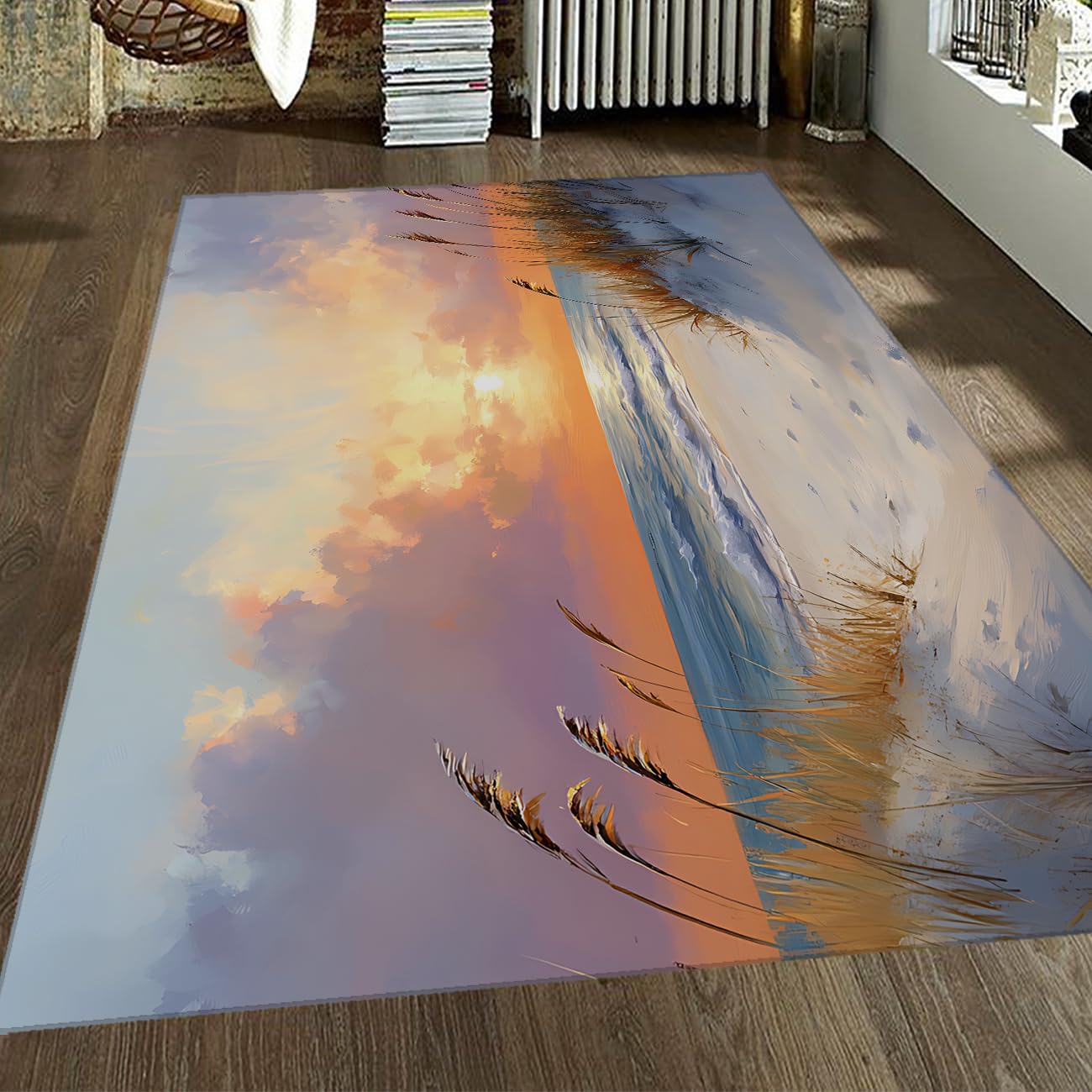 120x160cm Küstenteppich Sonnenuntergang Strand Kurzflor Waschbar