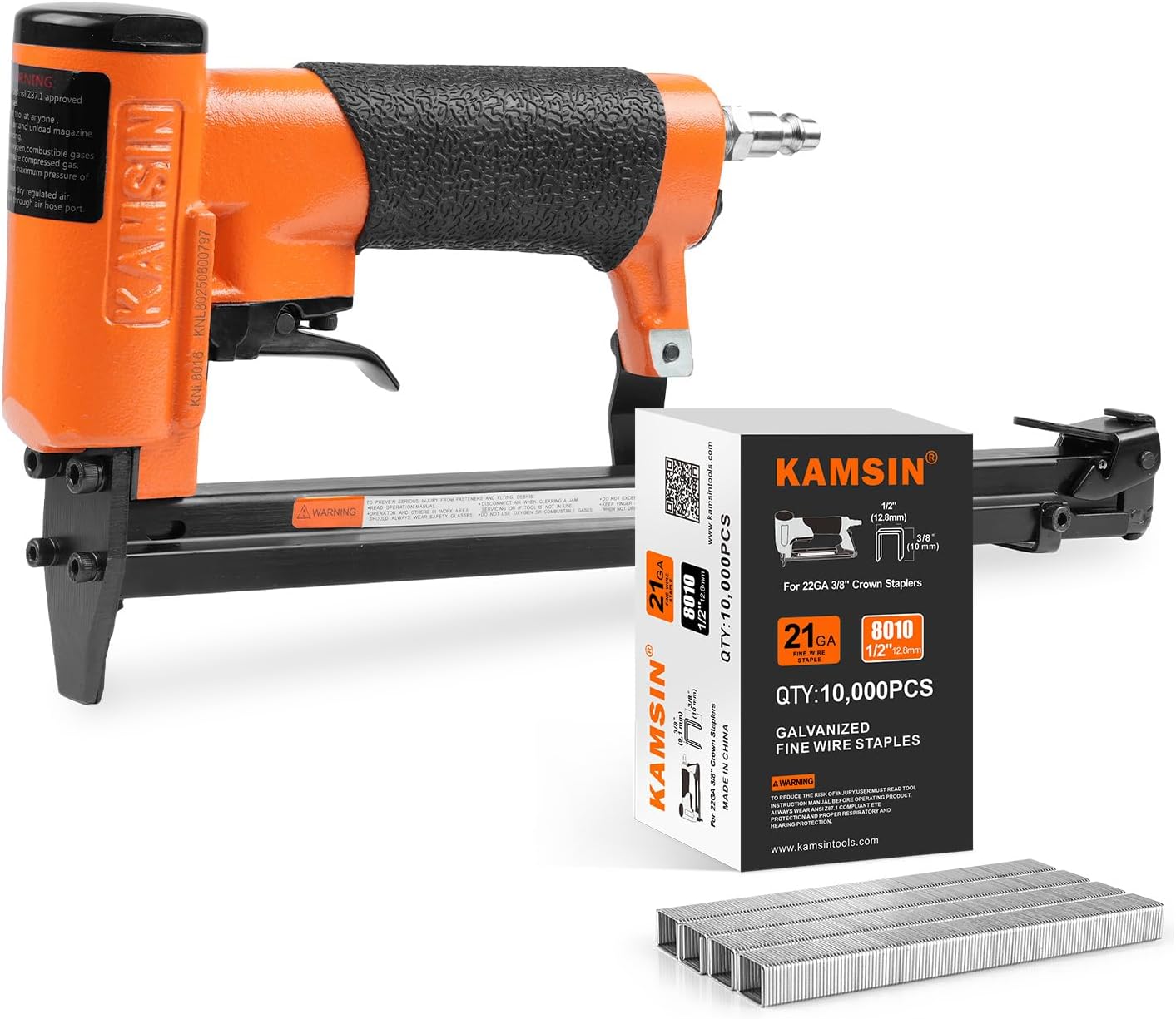 KNL8016 21 Gauge Pneumatic Long Magazine Upholstery Fine Wire Stapler, 1/2'' Crown 1/4'' - 5/8'' Length Fine Wire Stapler Bundle with 10,000pcs 8010 Staples