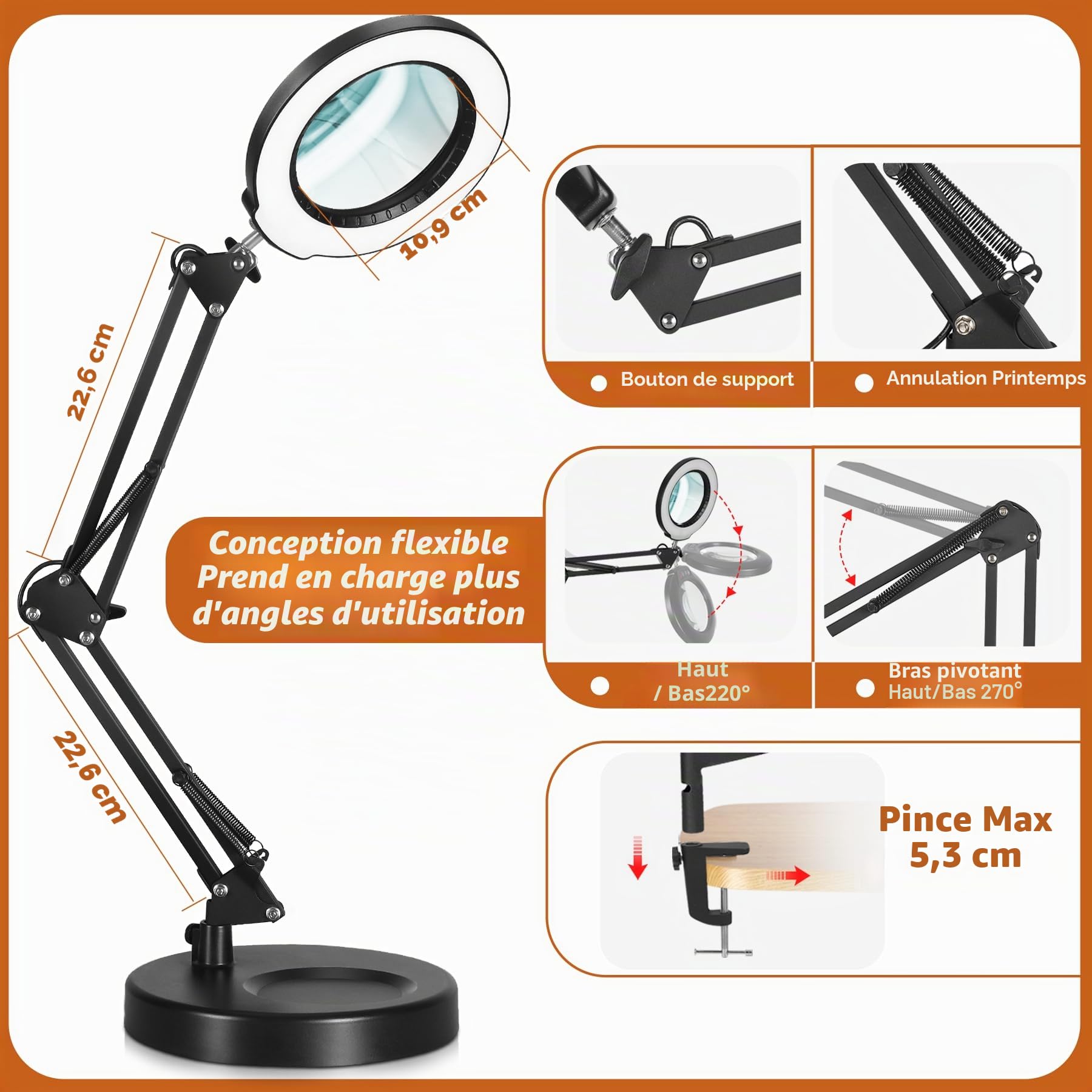 Veemagni 12X Lampe Loupe avec Lumière, 5 Modes de Couleur Gradation Continue 2 en 1 Lampe de Bureau et Pince, LED Loupe avec Lumière et Support pour Lecture, Réparation, Artisanat, Peinture