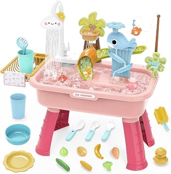 Kids Water Table, Outdoor Kids Water Play Table - 4 Different Play Types with Electric Faucet, Sink Toy, Educational Pretend Play, Unisex, Picnic, Park, Nursery, Garden
