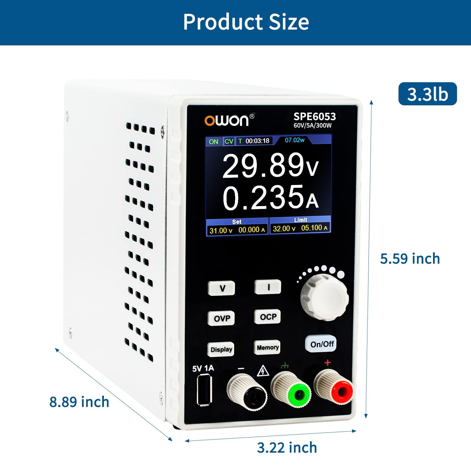 Fuente de alimentación de CC, 300W, 60V/5A, alta resolución a 10mV/1mA, fuente de alimentación de conmutación de canal único para pruebas de electrónica de bricolaje, reparación e investigación