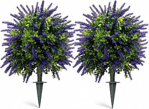 Artificial Lavender Topiary Set of 2, Faux Bushes for Front Porch