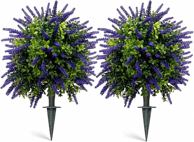 Artificial Lavender Topiary Set of 2, Faux Bushes for Front Porch