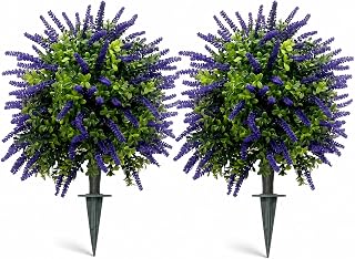 Artificial Lavender Topiary Set of 2, Faux Bushes for Front Porch