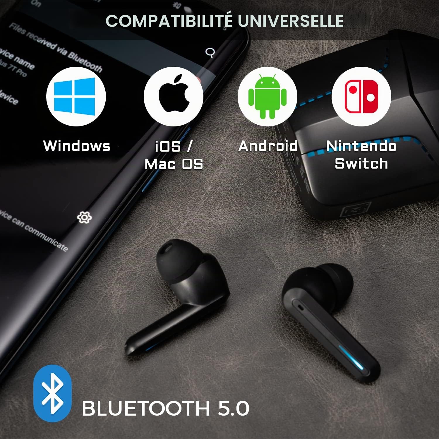 The G-Lab Korp Krypton Écouteurs Bluetooth 5.0 sans Fil Gaming, Latence Ultra-Faible, 2 Micros Intégrés, Étui de Charge Rapide, Autonomie 15H, Compatible iPhone/Android/iPad/PC/PS5 (Noir)