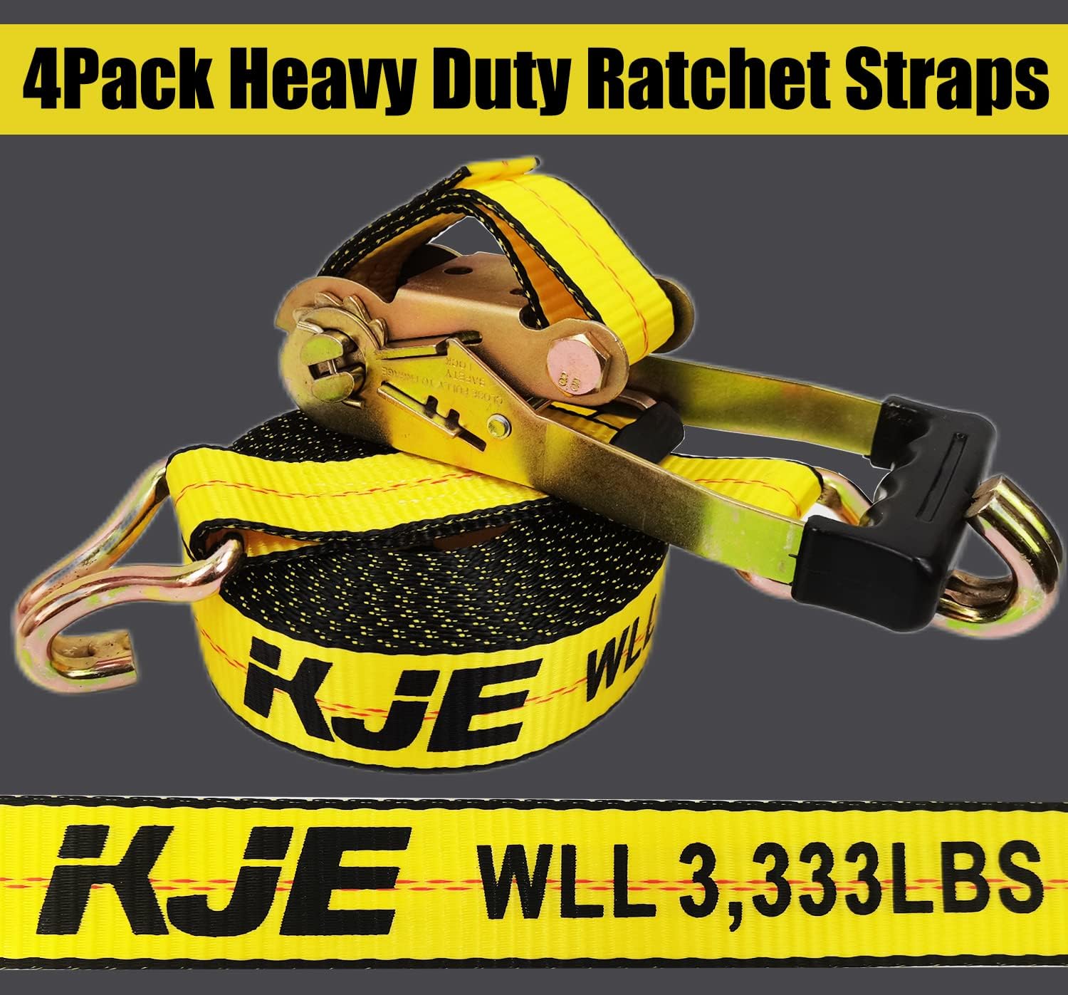KJE 4 Pack Ratchet Straps Heavy Duty,2" x 27' Ratchet Strap 3,333 Lbs Working Load Limit,Tie Down Ratcheting with J-Hook, Cargo Straps for Truck,Trailer,Moving Appliances - Image 5