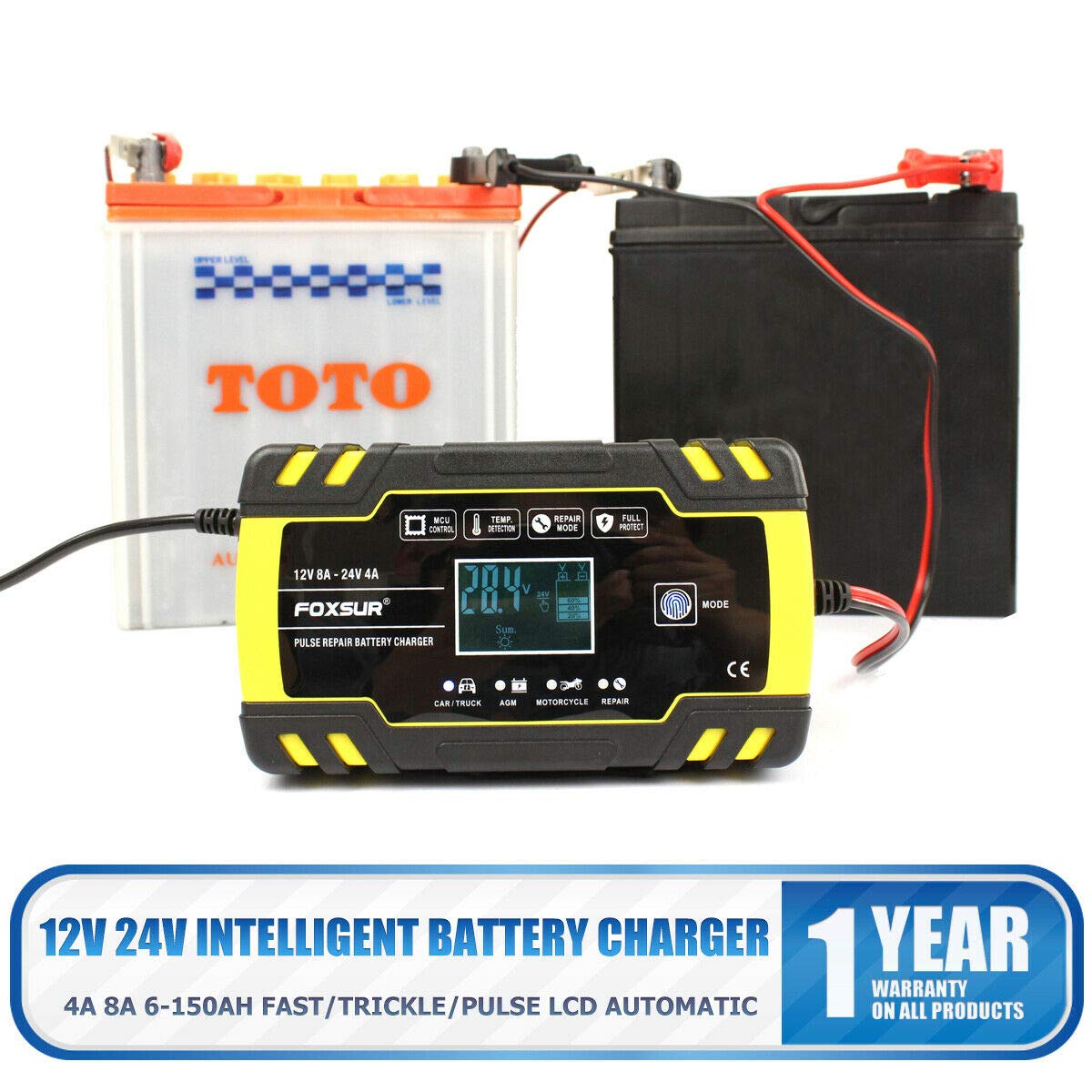 MASO 8 A inteligentna ładowarka do akumulatora samochodowego, 12 V, 24 V, do samochodów osobowych, ATV, łodzi, motocykli, wtyczka UE