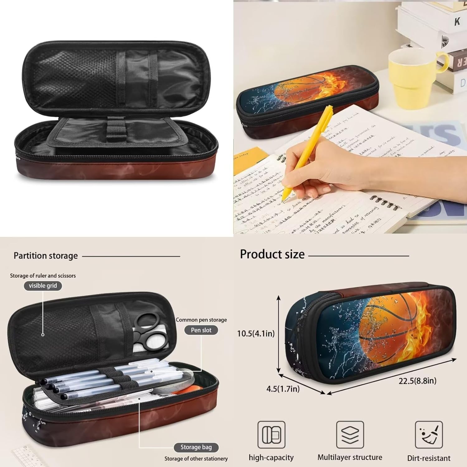 Water Fire Basketball Print Backpack Set for Kids Teens Boys 3 in 1 School Bags with Lunch Box Pencil Case Elementary Middle School Student Casual Daypack