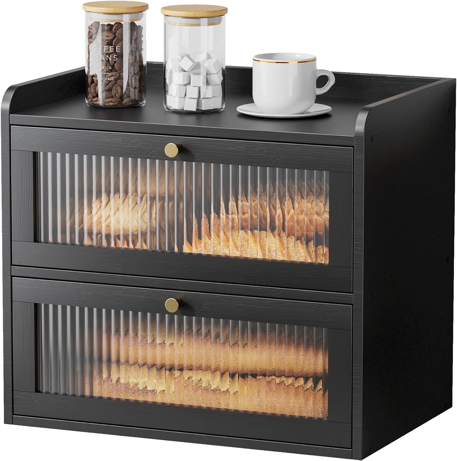 Kitsure 2-Tier Bamboo Bread Box Magnetic Acrylic Door Black