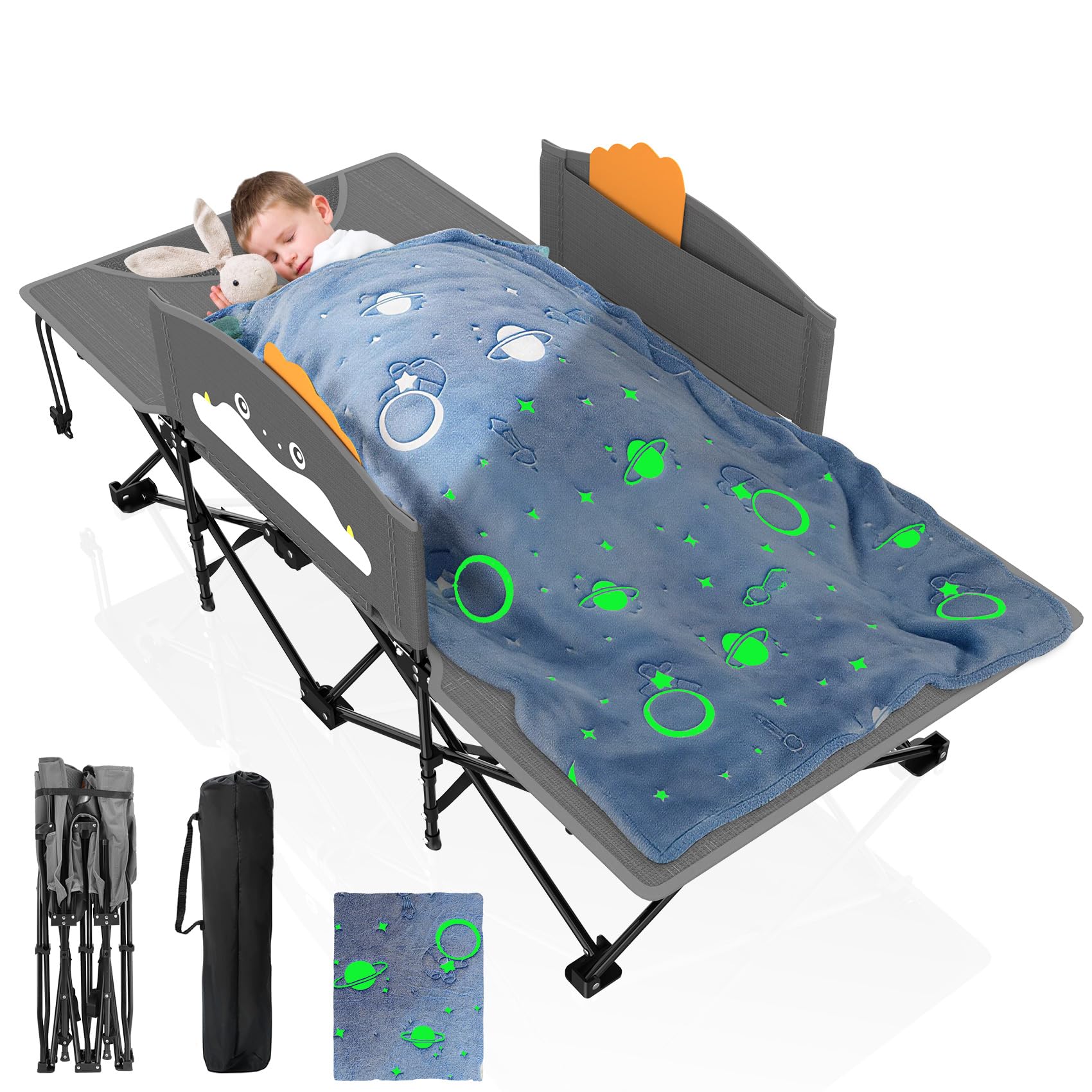 Suteck Kids Camping Cot, Comfortable Toddler Cot Bed Easy to Store and Use, Portable Sleeping Cot with Guardrail, Lightweight Bed for Outdoor Indoor Home