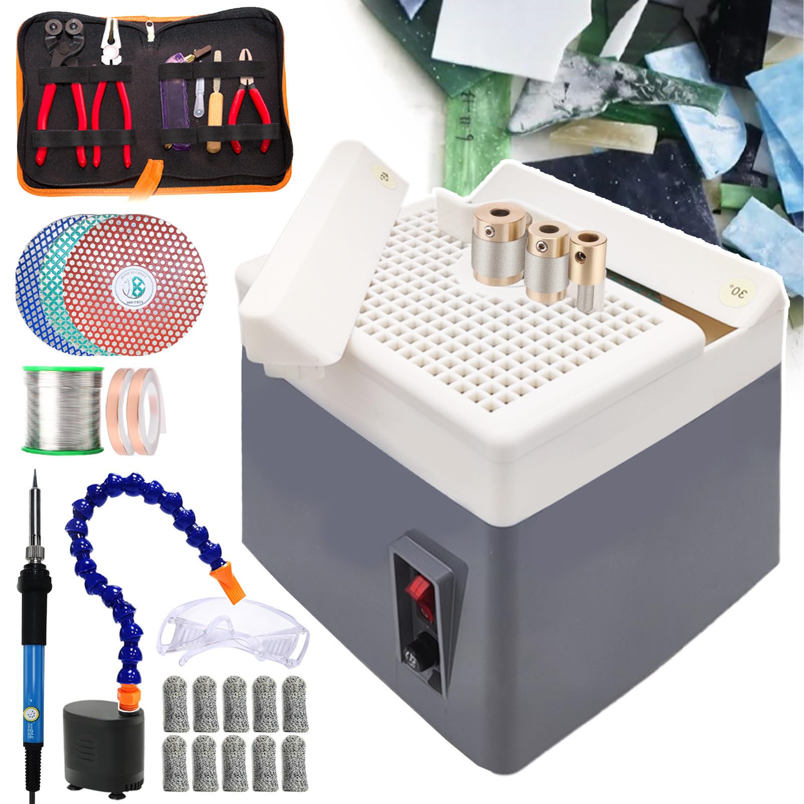 SICWEDIM Stained Glass Crafting Tool Set,with Glass Grinder with Grinder Bits/Grinding Disc&Glass Cutting Kit&Soldering Iron Kit&Automatic Water Supply kit