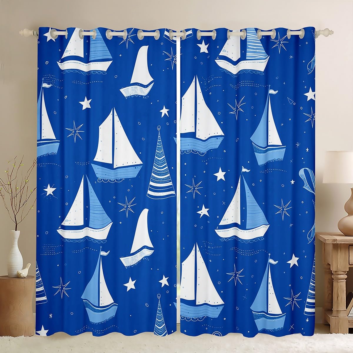 Homemissing Sailboat Window Drapes Treatments Blue Sailboat Curtains for Kids Boys Girls White Stars Window Drapes Boat Adventure Window Treatments, W46*L72,2 Panels — image 1