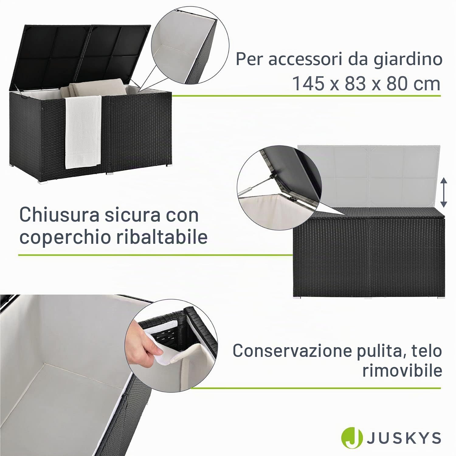 Juskys Scatola per Cuscini Polyrattan Ikaria 950 L con Coperchio con Meccanismo di Sollevamento - 145 x 82 x 79 cm per Giardino - Nera con Telo Interno