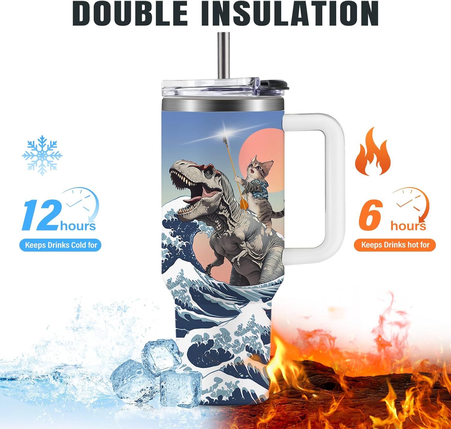 Funny Cat Coffee Mugs Fighting Cat Riding Dinosaur Dino Cups for Boys 40oz Cats T-Rex Travel Coffee Tumbler with Handle and Lids, Animal Cats Lovers Gifts for Women Men - Image 6