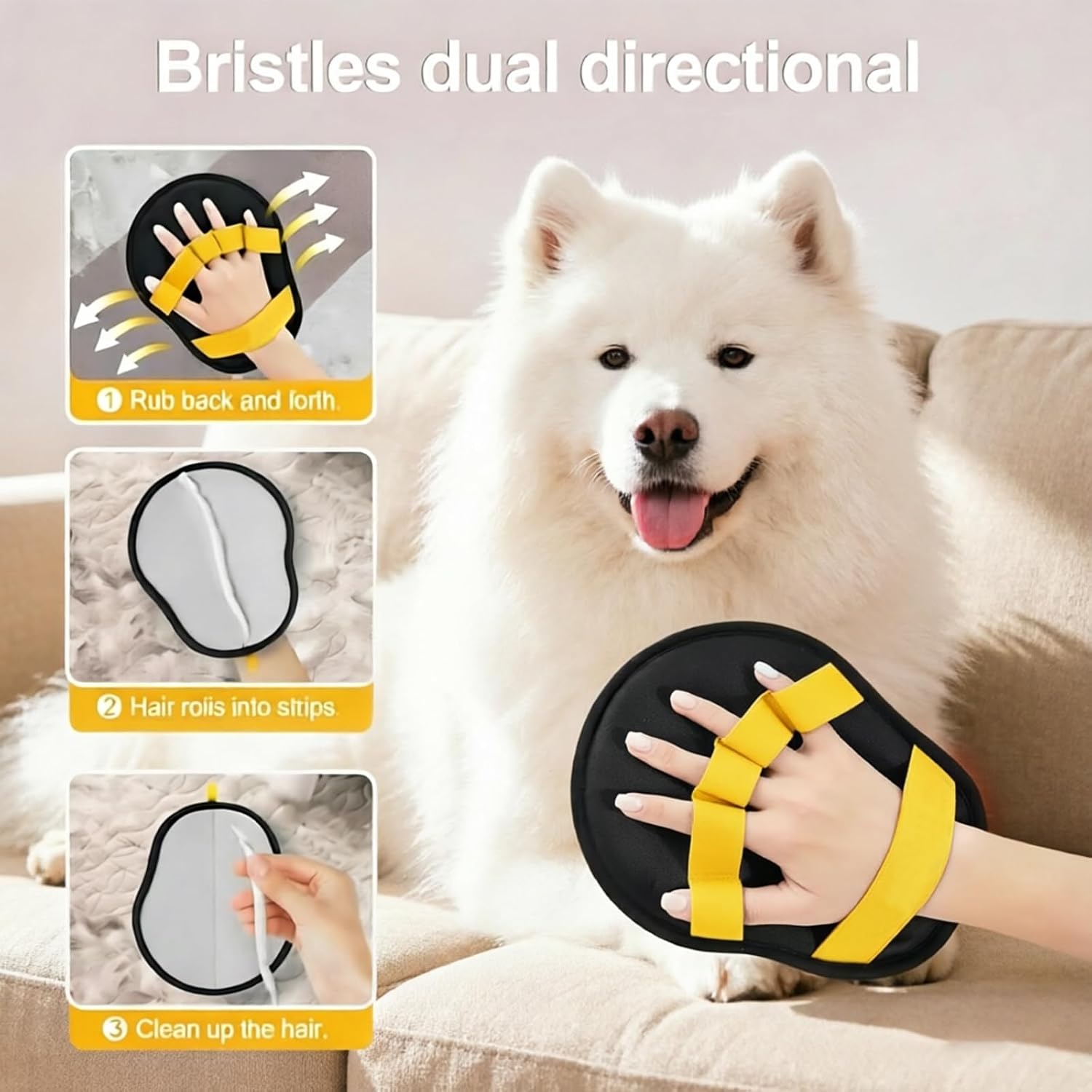 Pet Hair Removal Glove, Electrostatic Pet Hair Remover for Dogs & Cats, Reusable Grooming Mitt for Couch, Furniture & Laundry(Yellow)