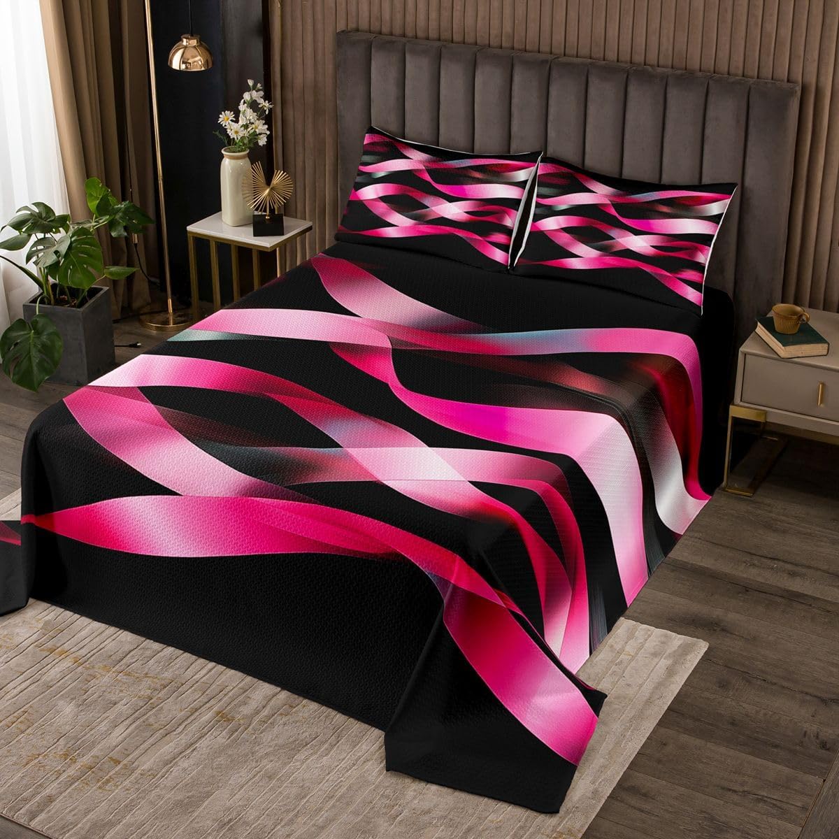 jejeloiu Pink and Black Stripe Line Bedspread Twin Size Modern Art Coverlet Set Geometric Quilted Coverlet for All Season with 1 Pillowcase Luxury Microfiber Lightweight