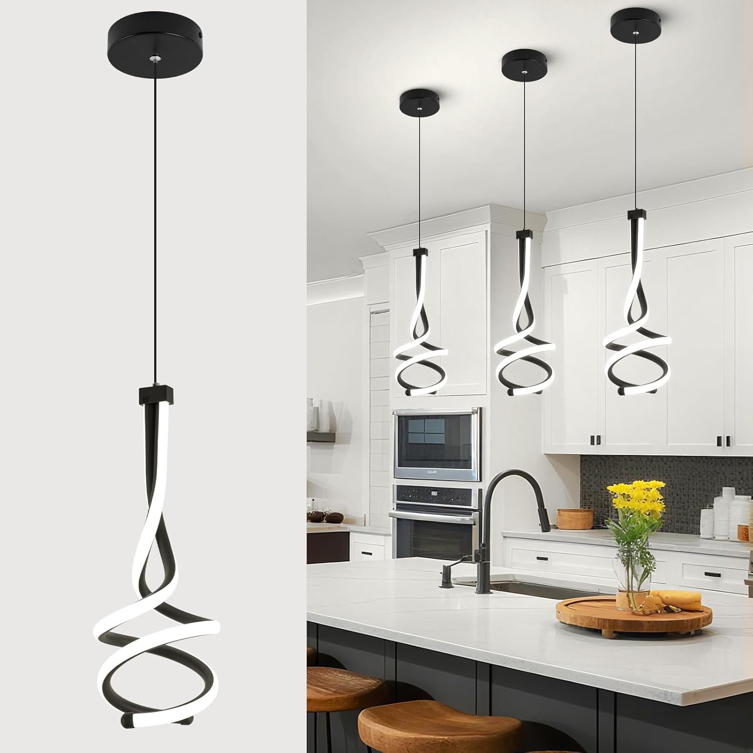 Modern Pendant Light, Spiral LED Pendant Light Fixture, 4500K LED Hanging Lamp, Black Chandelier Lights Fixture, 20W Adjustable for Kitchen Island, Dining Room, Bedroom,1 Pack