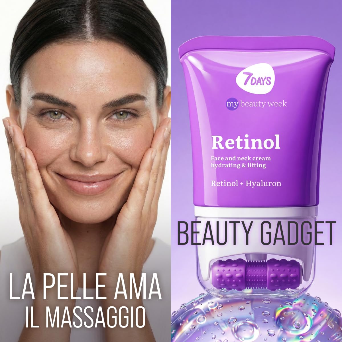 7DAYS Crema Viso e Collo Coreana Antirughe al Retinolo con Rullo Massaggiante – Effetto Lifting Rassodante e Compattezza, Azione Levigante, per Rughe e Linee Sottili, per il Doppio Mento, 80 ml