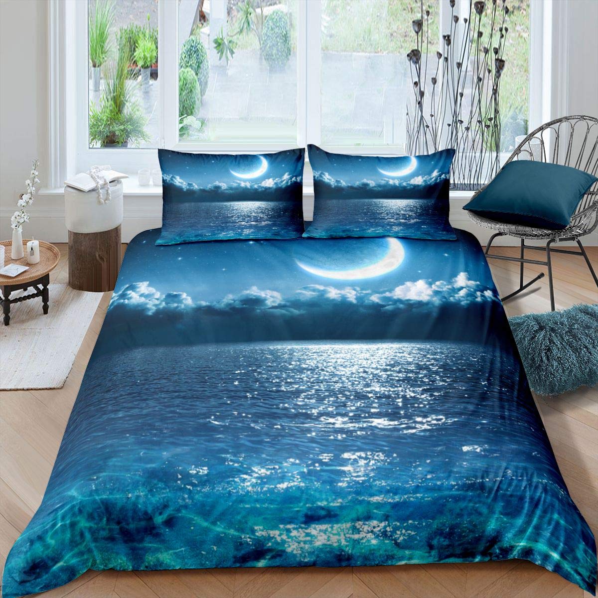 Moon Duvet Cover Sea Bedding Set For Kids Boys Girls Galaxy Comforter Cover Ultra Soft Magic Stars Night Bedspread Cover King Size Zipper