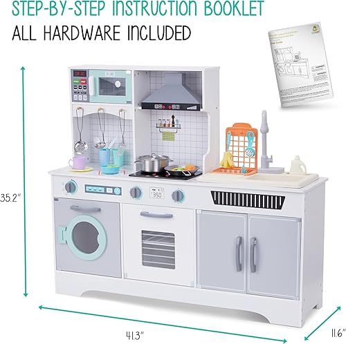 Miniatura 8 de Lil' Jumbl Jumbl - Juego de cocina de madera para niños, fregadero de trabajo con agua corriente real, incluye campana extractora, microondas y