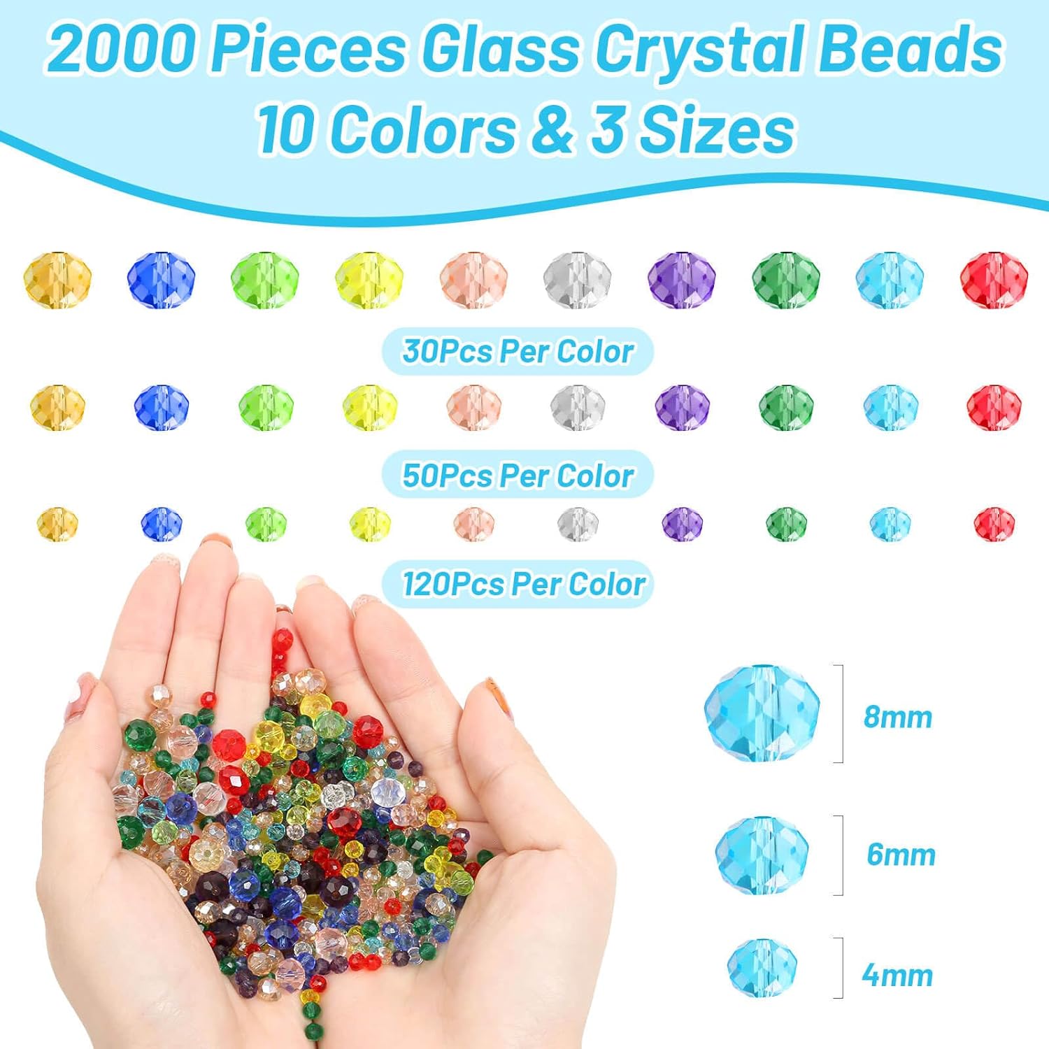 cridoz 2000 Pcs Briolette Crystal Glass Beads for Jewelry Making, Rondelle Crystal Beads for Crafts and Suncatchers, 10 Coloers, 3 Sizes(4mm, 6mm, 8 mm) - Image 3