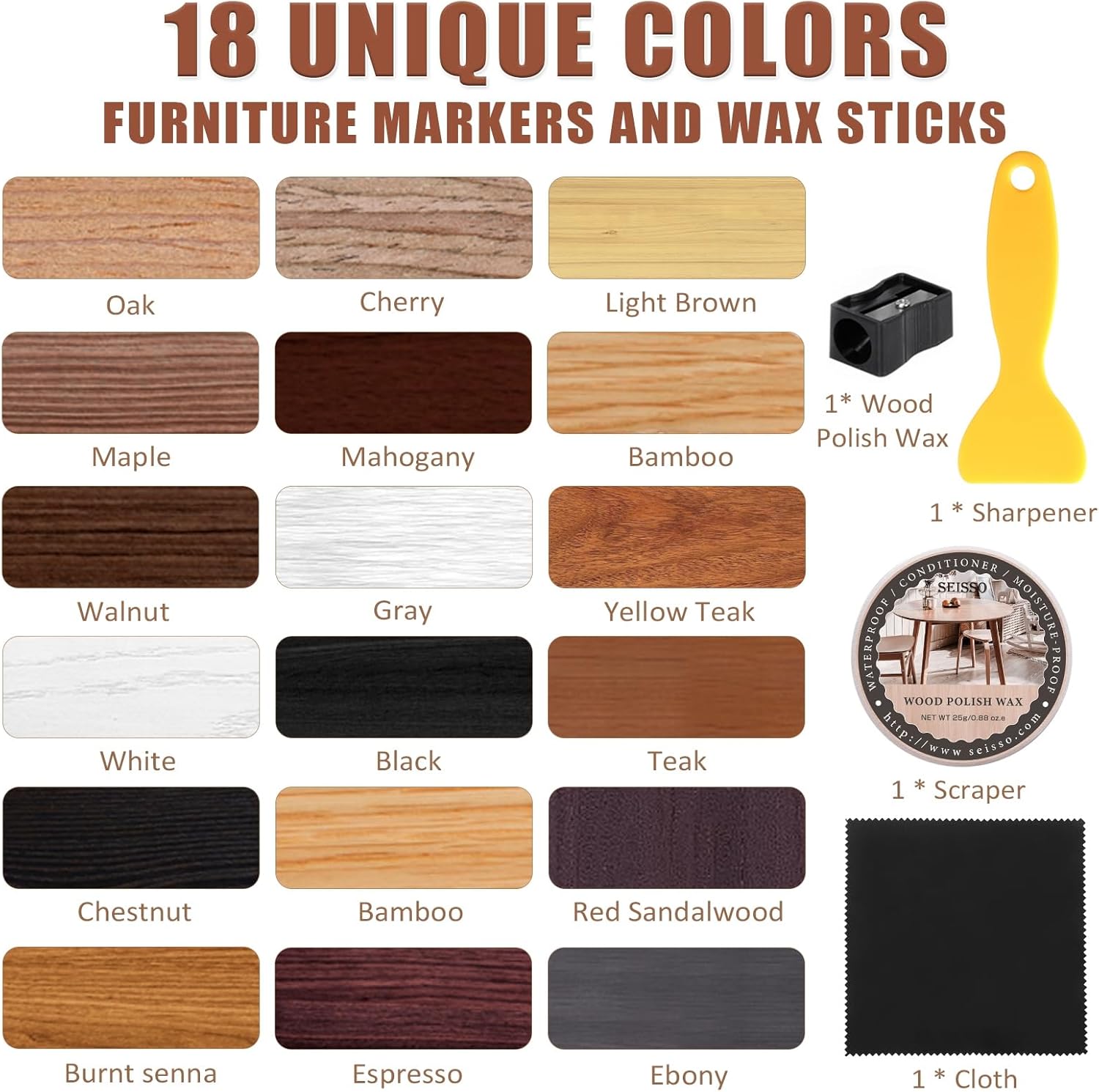 SEISSO Furniture Repair Kit, 18 Colors Touch Up Markers and Wood Filler Sticks with Wood Polish Wax - Furniture Touch Up Kit Cover Up Scratches, Stains, Holes for Wooden Table, Cabinet, Floors, Door 18+18