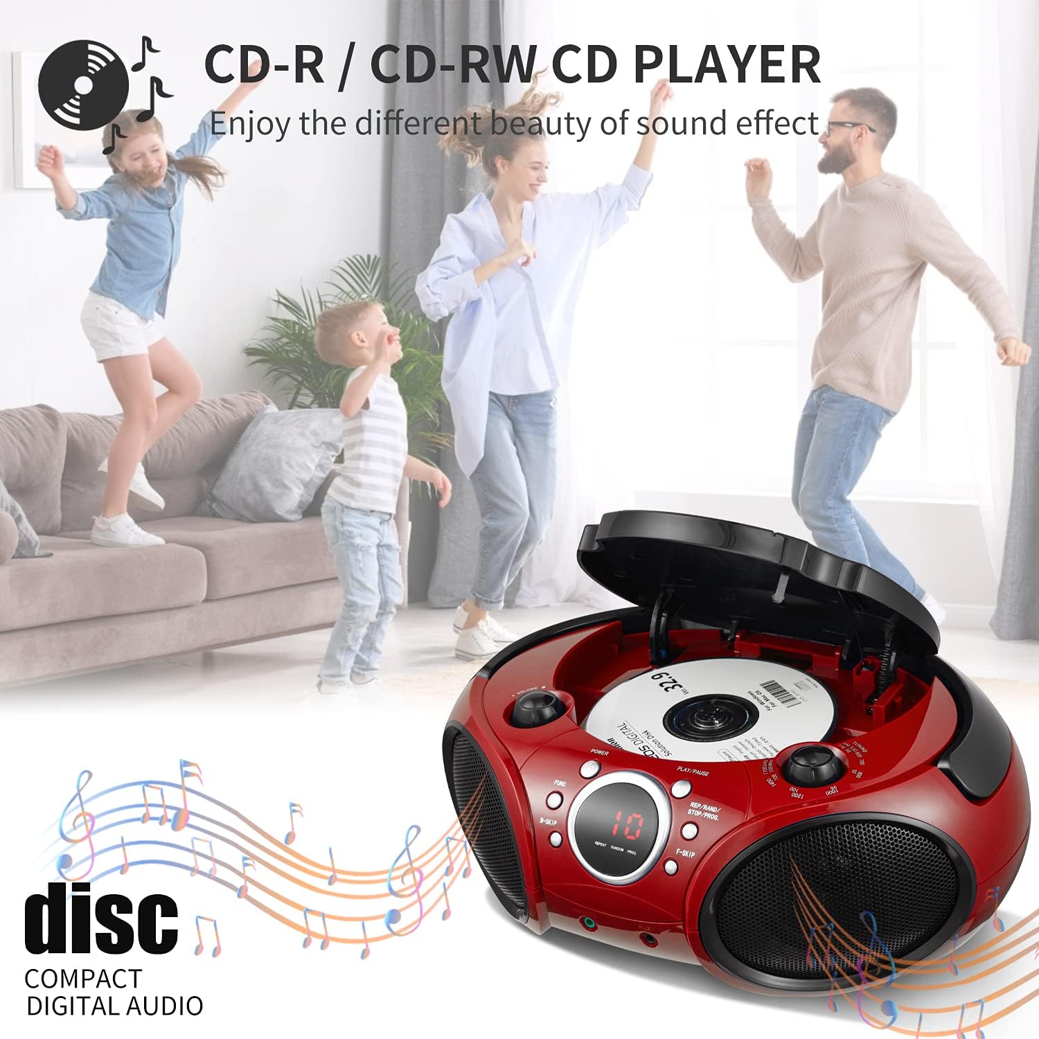 50% Off Discount SINGING WOOD 030B Portable CD Player Boombox with Bluetooth for Home AM FM Stereo Radio, Aux Line in, Headphone Jack, Supported AC or Battery Powered (Firemist Red)
