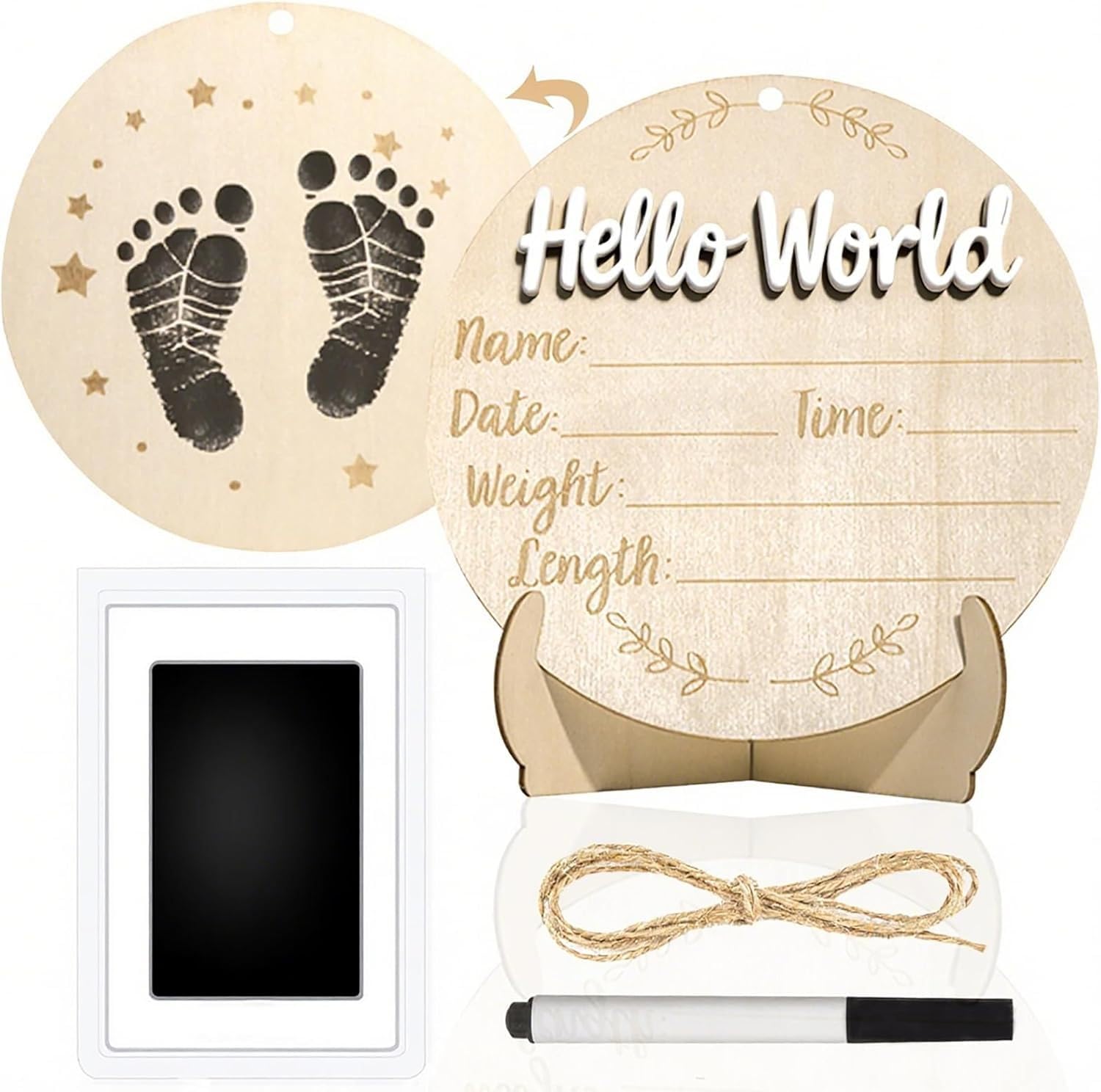 SNOWIE SOFT® Wooden Frame Hello World New Born Baby Board, 5Pcs Set Baby Photoshoot Props with 5.9'' Wooden Plaques, Marker & Safe Ink, 'Hello World'Name Birth Keepsake Board & Twine Baby Shower Gifts-image-22