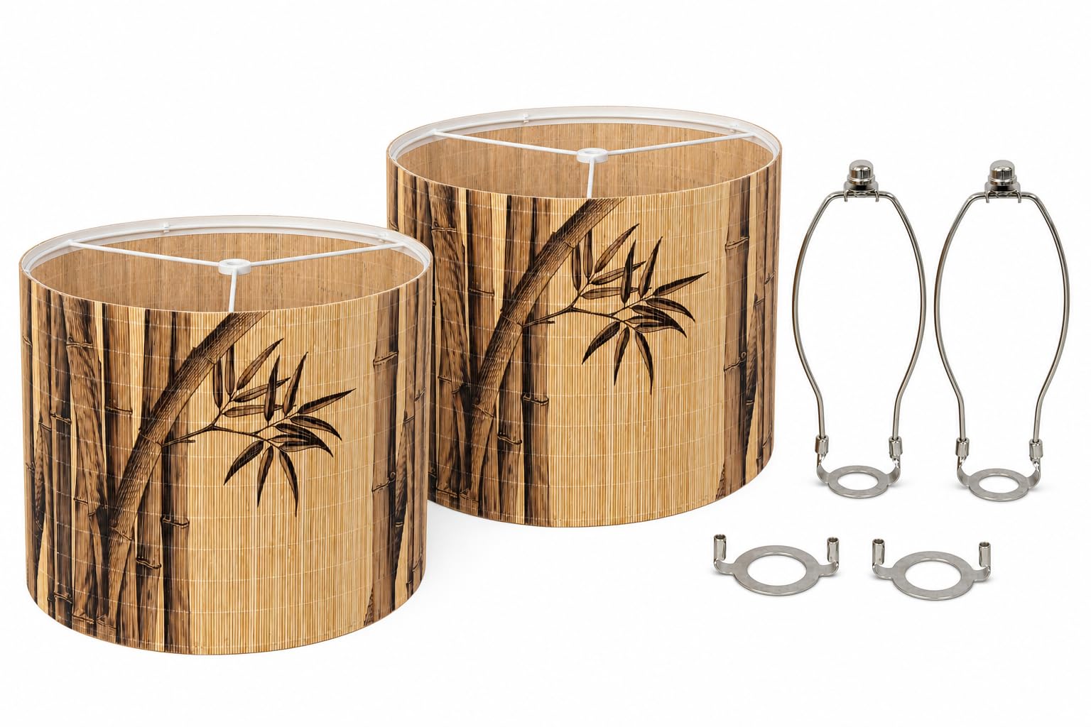 2 Pack Bamboo Print Drum Lampshade 13x13x10 in, Spider Fitter & Harp