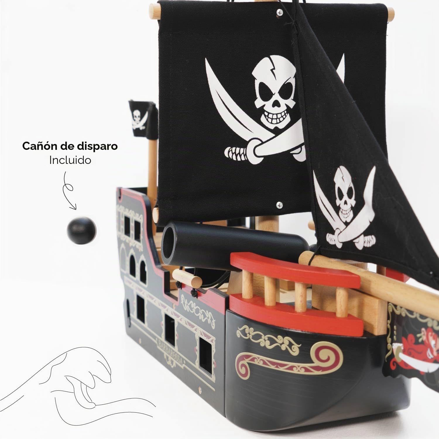Le Toy Van - TV246 - Juego de Madera Galeón Pirata 3 años, Barco Pirata de Barbarroja, 2 Piratas incluidos, Brilla en la Oscuridad, 48 x 24 x 49 cm, Juegos ecológicos Montessori
