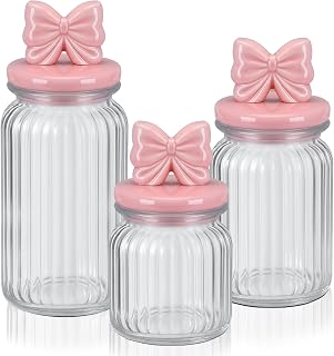 Mimorou 3 Set Pink Bow Candy Glass Jars with Ceramic Lids 44oz 33oz 22oz Summer Bow Cookie Jars Airtight Glass Food Storage Containers for Spring Summer Party Tea Cookie Snacks Sugar