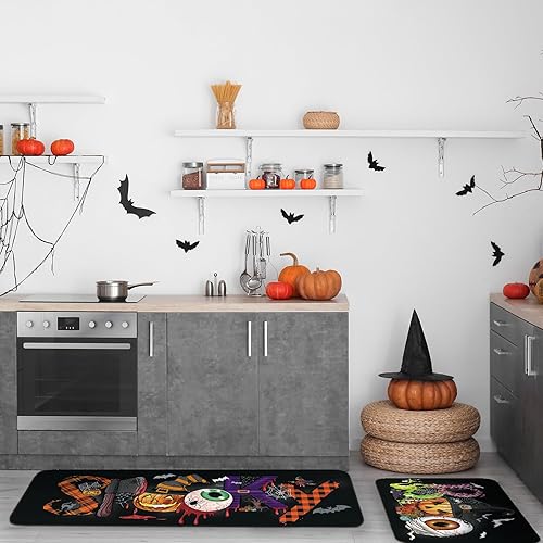Miniatura 4 de Ceenna Juego de 2 alfombras y tapetes de cocina de Halloween, tapete antideslizante con corredor de Halloween, lindos tapetes de cocina para el
