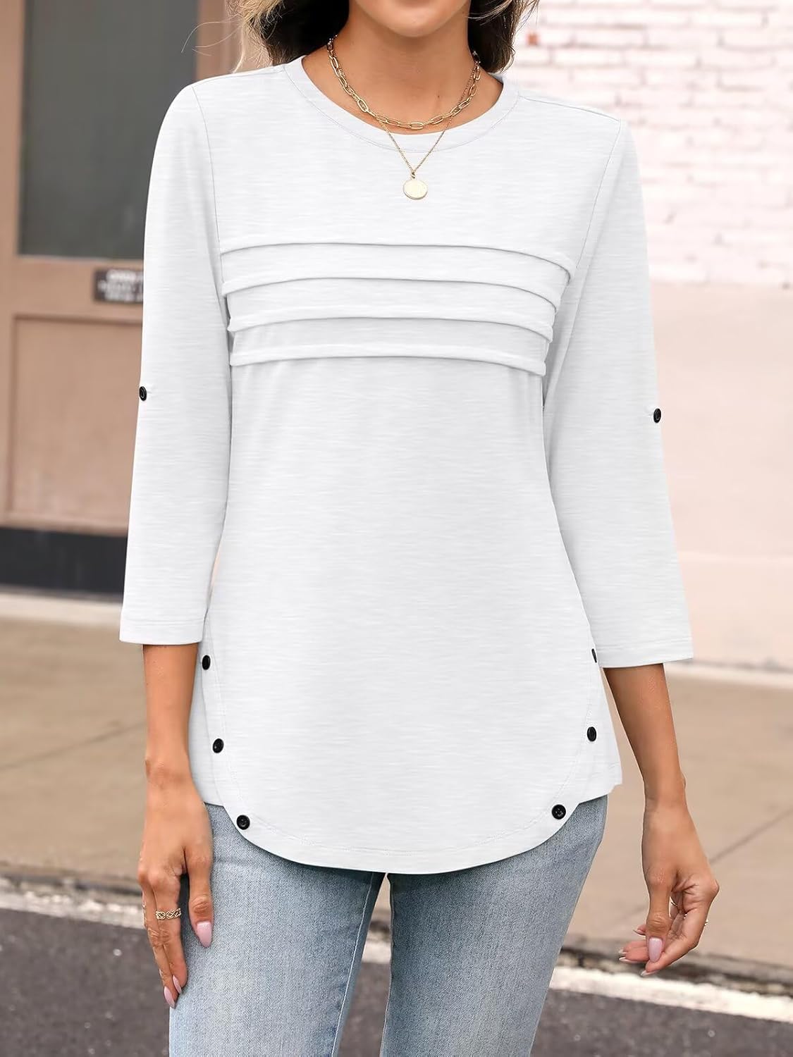 Women's 3/4 Length Rolled Sleeve Tunic Tops Pleated Crew Neck T Shirts Both Side Buttons Summer Blouses - Image 5