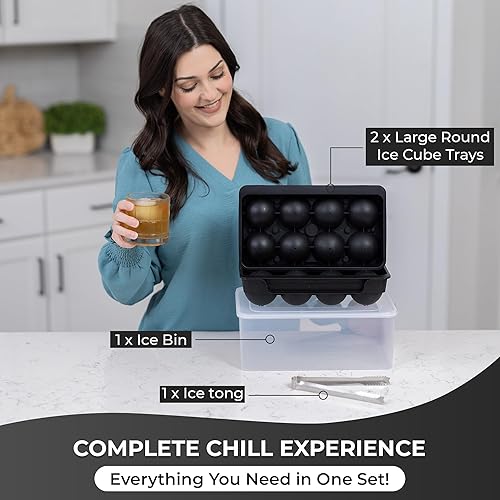 Miniatura 2 de Paquete de 2 bandejas de hielo extra grandes de alta calidad (2.5 pulgadas) (lengüeta + caja) (8 cavidades), molde de hielo esférico para whisky,