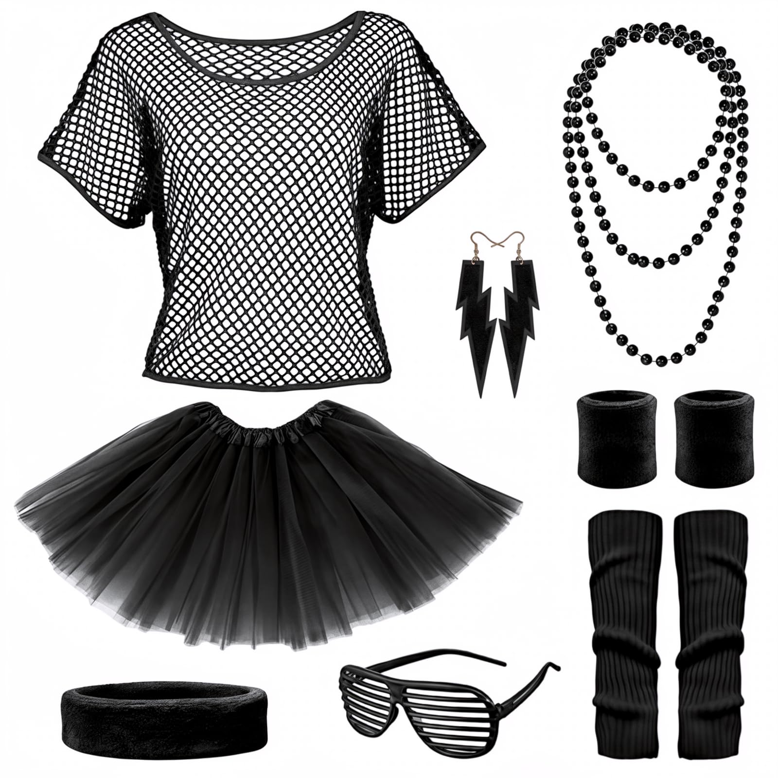 BORISCA 11 Pcs Neon Black Outfit 80s Fancy Dress for Women, 80s Outfits Set - Mesh Neon Top Tulle Skirt Pink Leg Warmers Wristband Headband Glasses Jewelry for Retro Theme Parties
