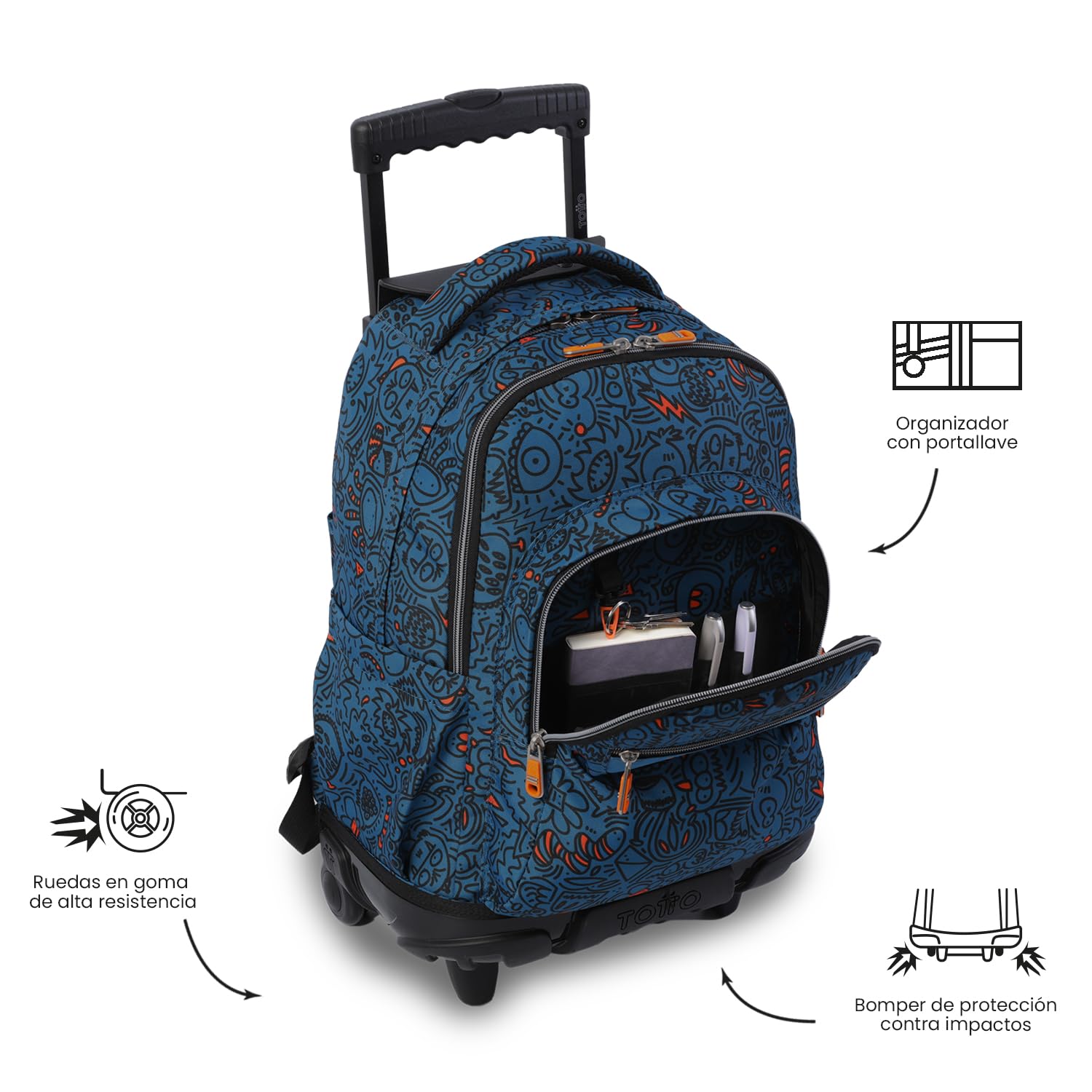 TOTTO - Mochila Escolar con Ruedas, Modelo Renglones, Capacidad 26,21 Litros, Bolsillo para PC 15,4", Bolsillo Botella, Correas en S para Mayor Comodidad, Resistente, Estampado Grafer