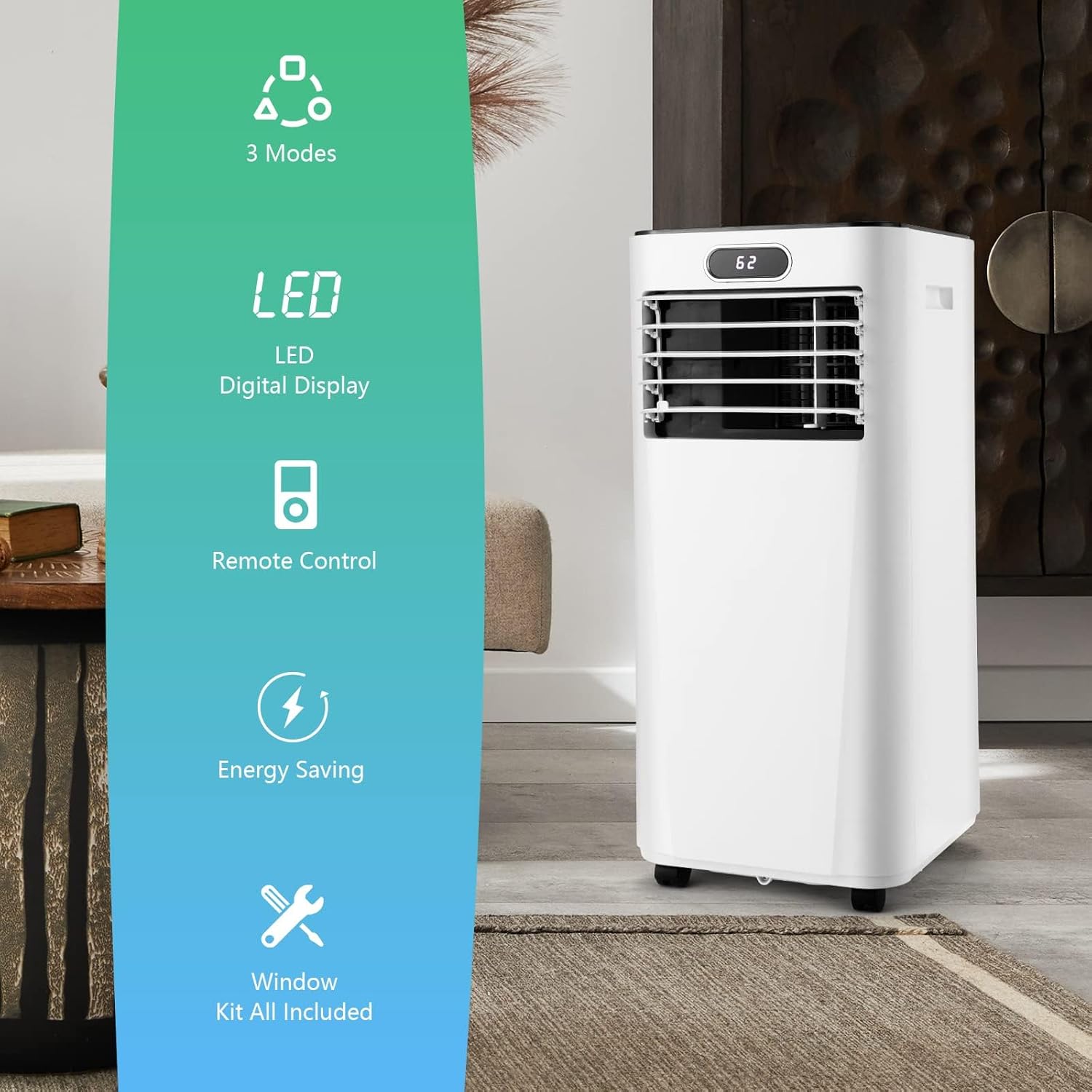 DORTALA Portable Air Conditioner highlighting its 3 modes, LED digital display, remote control, energy-saving feature, and included window kit.